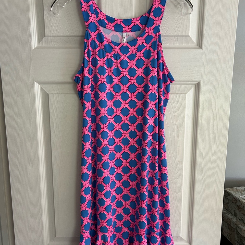 Lulu-B Vibrant Pink and Blue Chain Pattern dress -NWOT
